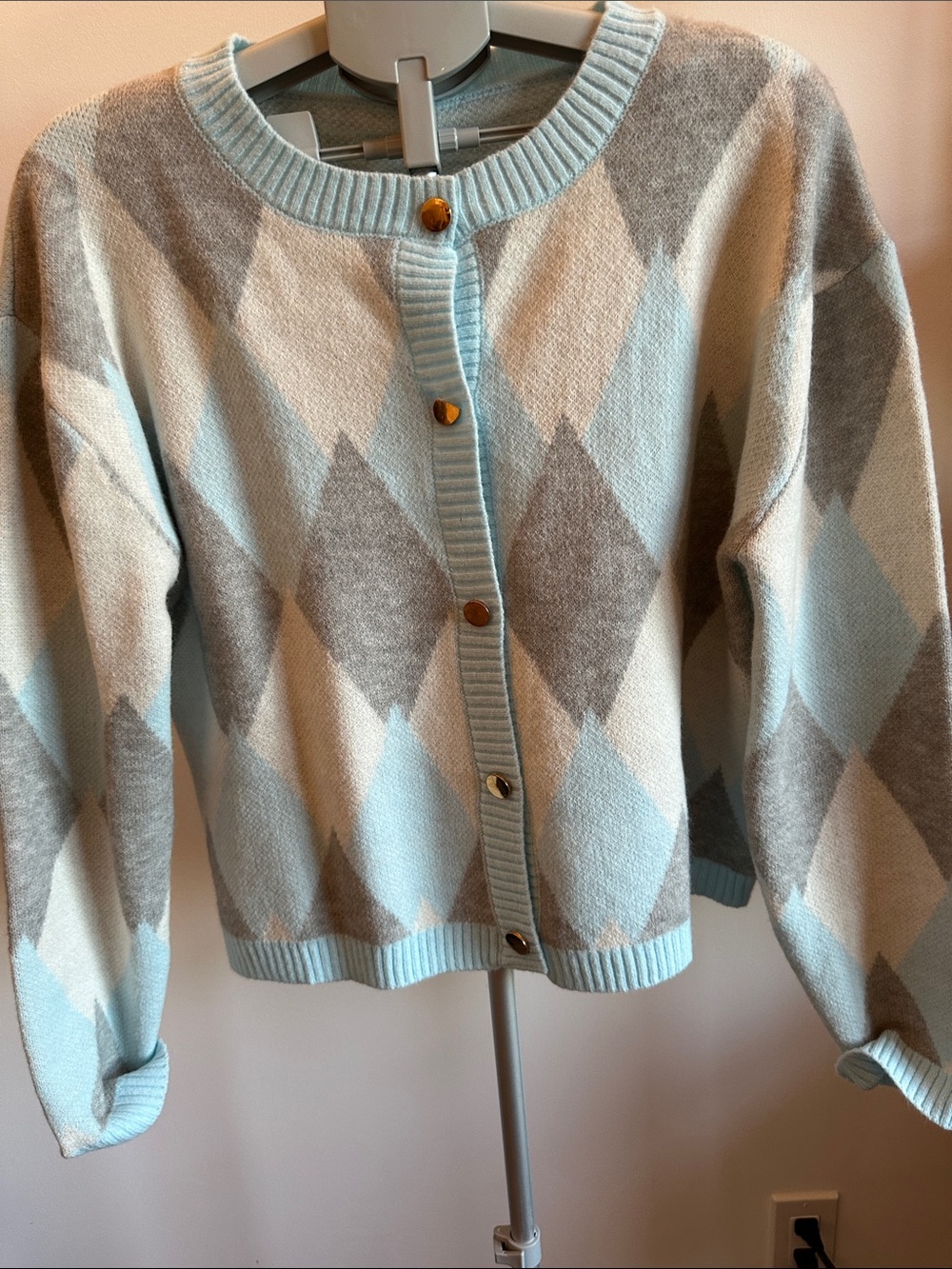 Blue and Gray Argyle Cardigan with Gold Buttons